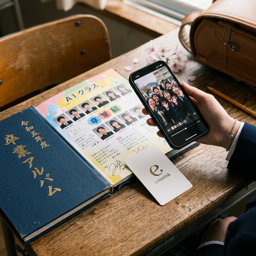 卒業アルバムに添えたemolinkのカードと、クラスの動画を再生しているスマホ